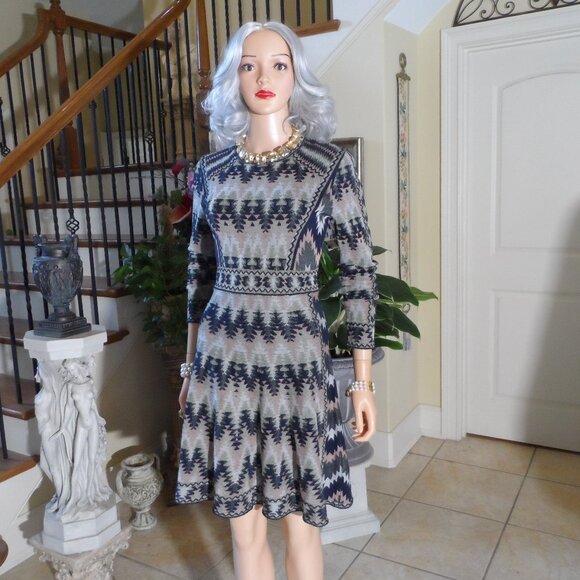 M Missoni Black-Pink Multi Zig-Zag Print Fit & Flare Long Sleeves Dress Size 4 - Picture 1 of 16